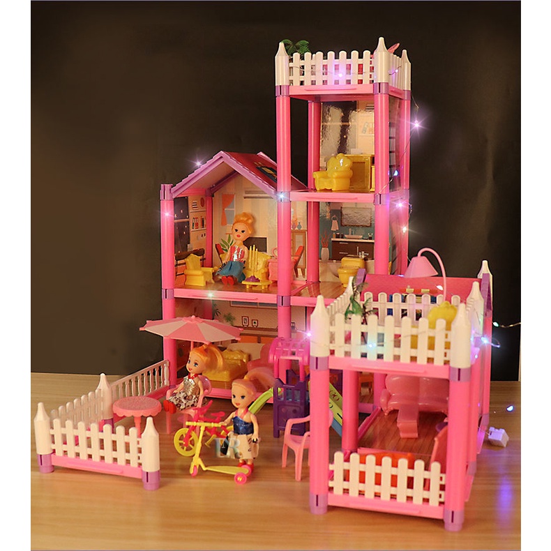 259 pcs Set Mainan Rumah Rumahan 4 Lantai Boneka Barbie + Lampu LED Mini Villa Dream Home Ukuran Besar Doll House Barbie Aksesoris Kursi Meja Sepeda Mainan Edukasi Kloset Bak Mandi Lampu Rumah Istana Boneka