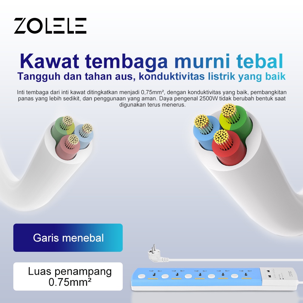 ZOLELE Stop Kontak Kabel 5 Power Socket 2 USB Charger Lubang Colokan Listrik Smart Power Strip 3M Soket Pengaman Lubang Saklar Timer Powerstrip ZK100