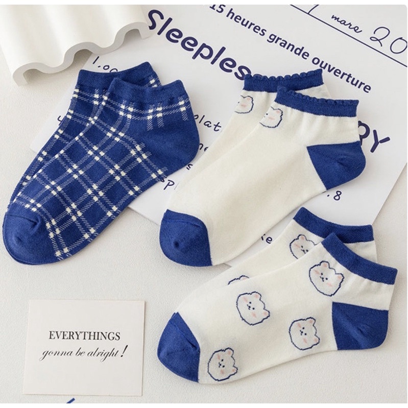 [ COD ] Kaos Kaki Wanita Pendek Se Mata kaki Warna Motif Biru / Kaos Kaki Lucu Motif Kotak Garis Sim