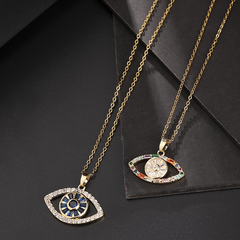 Kalung Rantai Lapis Emas Liontin Mata Iblis Aksen zircon Warna-Warni Gaya Eropa Amerika