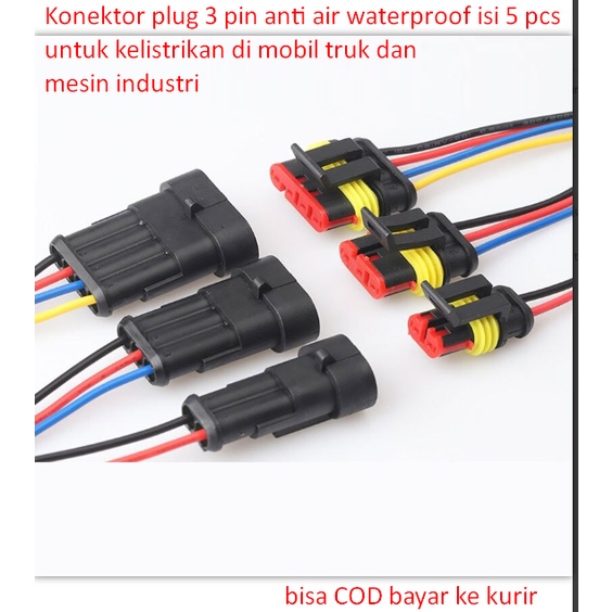 Konektor plug 3 pin anti air waterproof isi 5 pcs untuk kelistrikan di mobil truk dan mesin industri