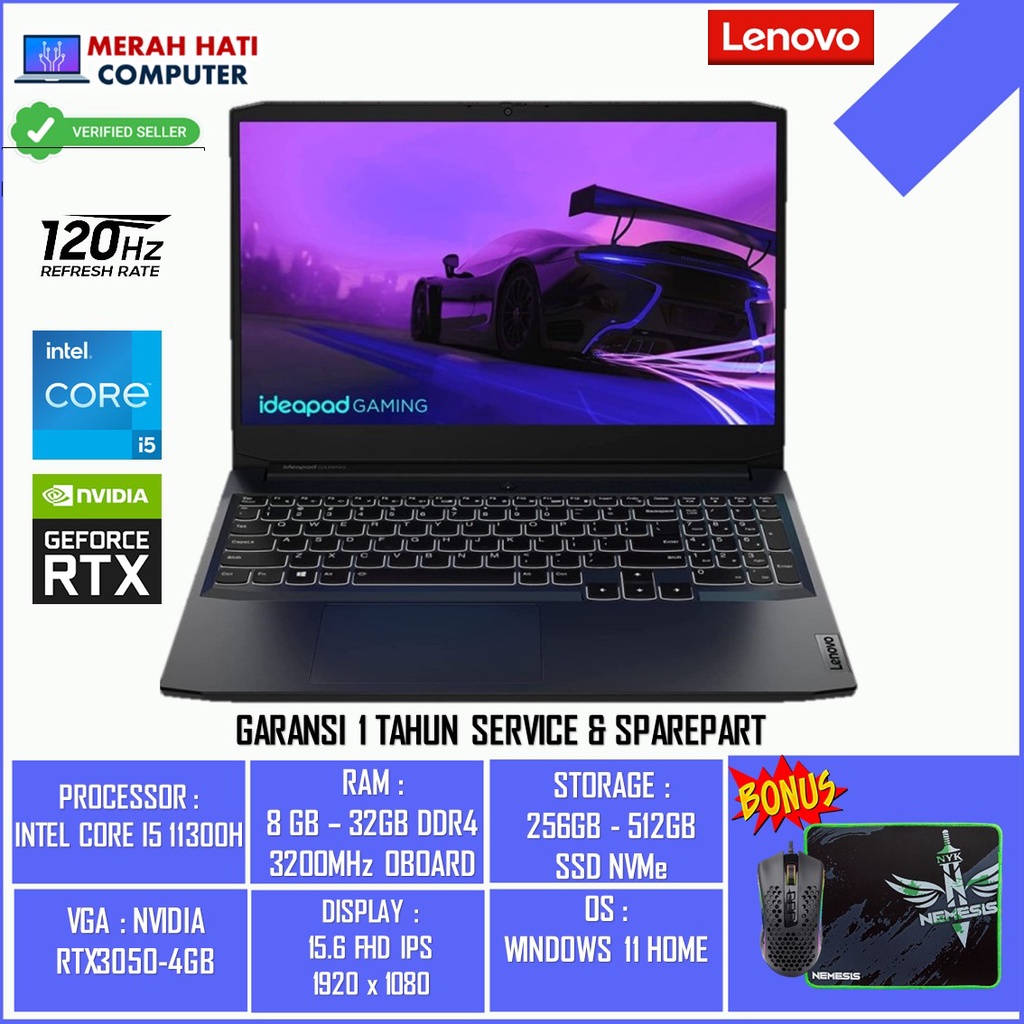 Laptop Gaming Lenovo Ideapad Gaming 3i Intel Core i5 11300H Ram 32GB Ssd 512GB RTX3050 FHD 120Hz Windows 11 Original