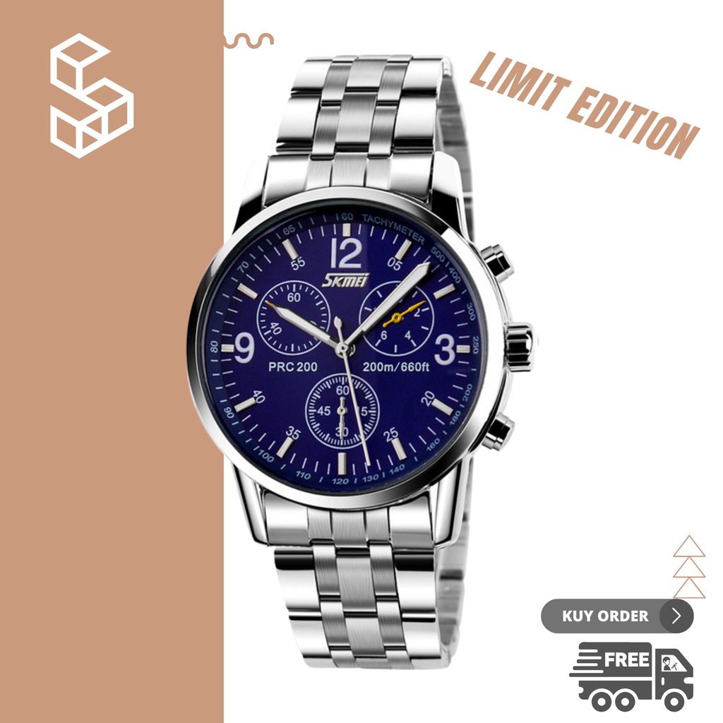 Jam Tangan Pria Analog Fashion Style Water Resistance SKMEI Warna Hitam Biru Putih Silver Anti Air j