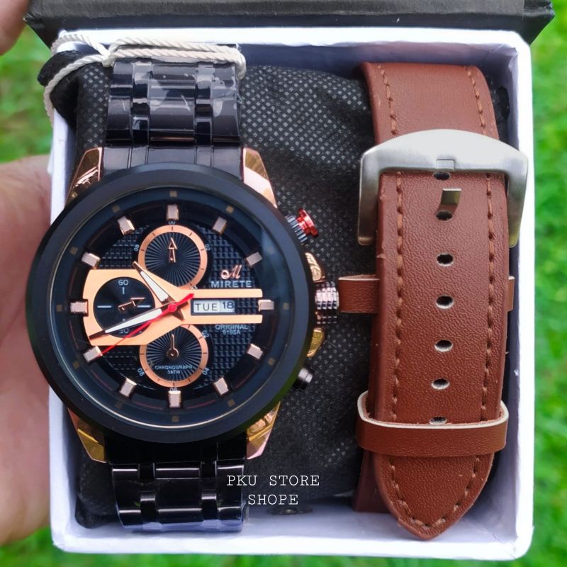 JAM TANGAN PRIA MIRETE ORI DUA TALI ANTI AIR TANGGAL HARI AKTIF, STRAP RANTAI ANTI KARAT KUARSA ANALOG TERLARIS MEWAH ELEGAN / DUA TALI / IMPORT / ORIGINAL / TAHAN AIR / JAM MIRETE / PRIA / COWOK / COD / JAM TANGAN MIRETE