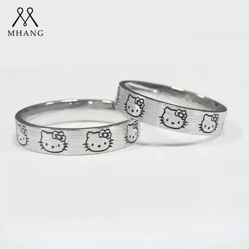 Cincin Pasangan Desain Kartun Hello Kitty Warna Silver Untuk Hadiah Valentine