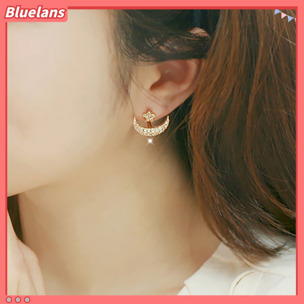 1 Pasang Anting Stud Bentuk Bulan Bintang Aksen Berlian Imitasi Bahan Alloy Untuk Wanita