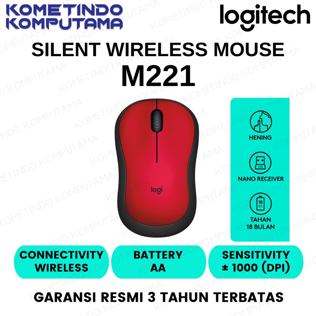 Red Mouse Logitech M221 Wireless Silent Click, Red - Garansi Resmi ORIGINAL 100%