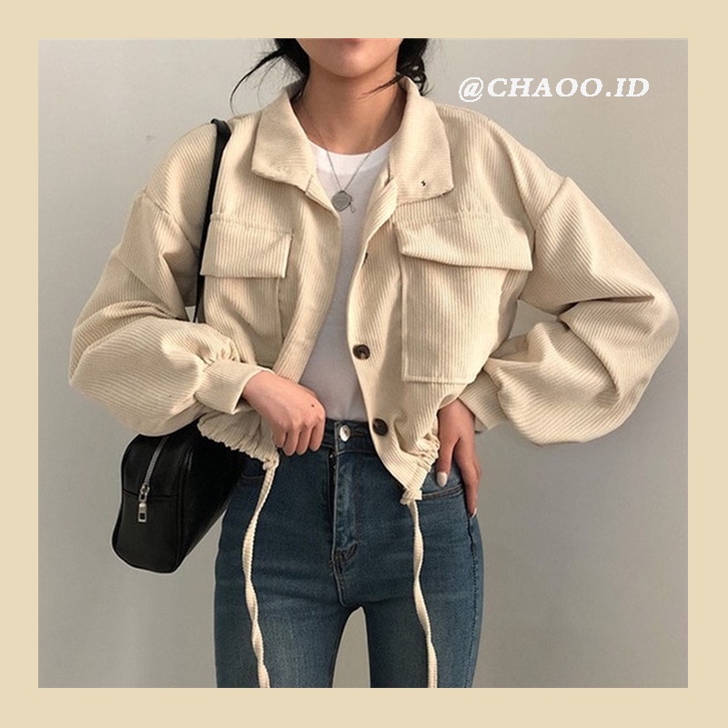 [3 color]Korean Style Jaket Korduroi Wanita Vintage Oversize Lengan Panjang Warna Solid Atasan Kekinian Corduroy Crop Kasual Jaket