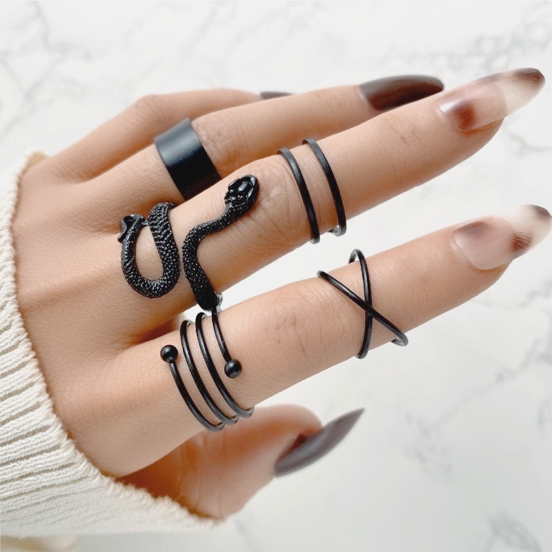 5pcs / Set Cincin Model Terbuka Bahan Metal Desain Ular Warna Hitam Gaya Korea / Simple / Punk Untuk Wanita