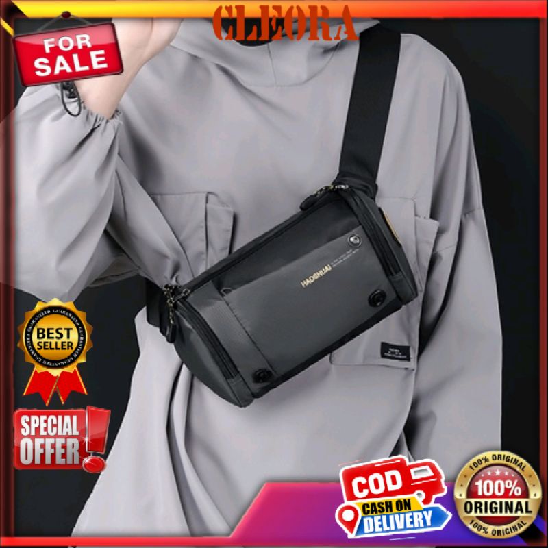Tas Selempang Pria HAOSHUAI Original Waistbag Pria Waterproof Kekinian Anak Muda Cowok Laki Simpel S
