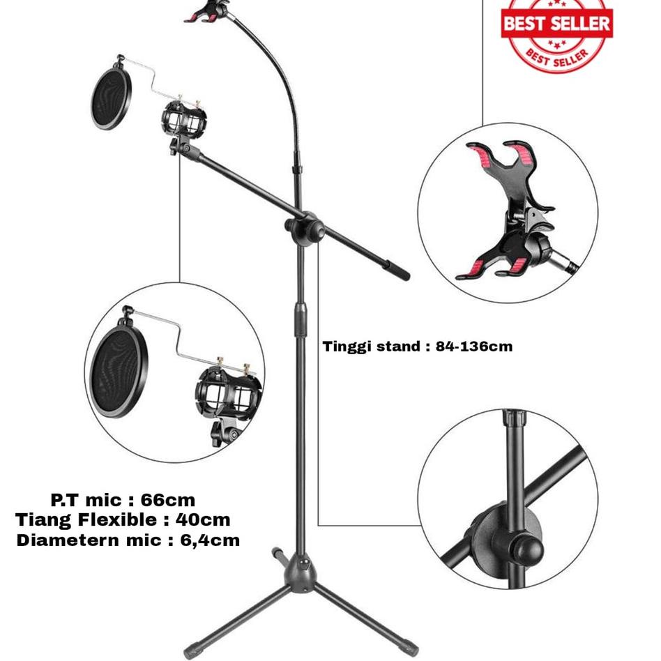 Rekomendasi Microphone Stand Mic Holder 360 Degree Tripod Mic Berdiri Plus Holder Phone Stand