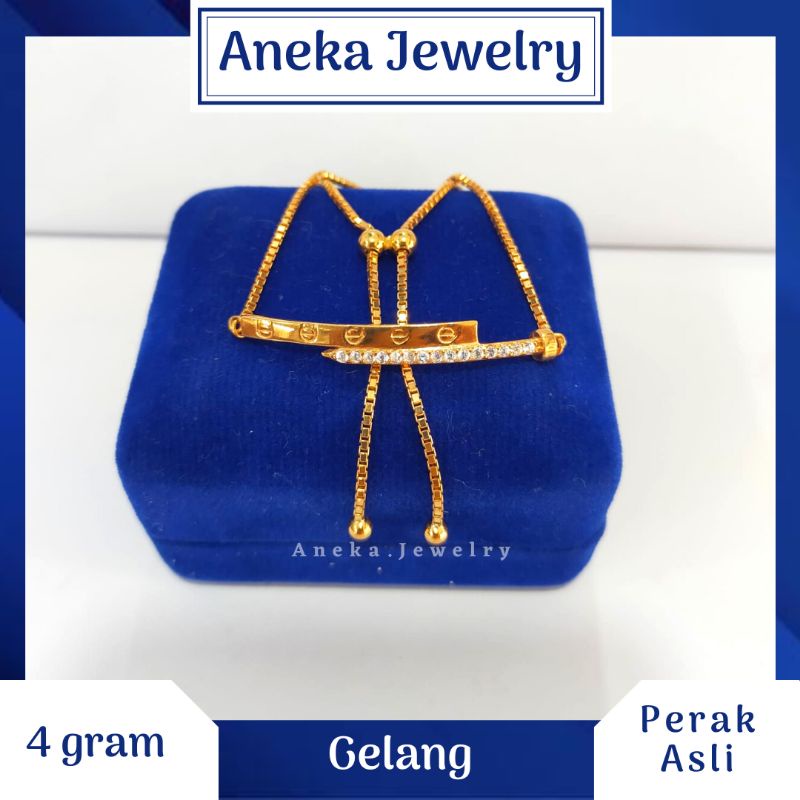 Gelang Serut Plat Mata Baris, Perak 925, Sepuh Emas Rosegold