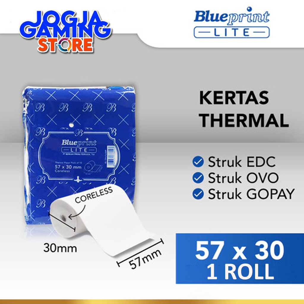 

KERTAS THERMAL ROL STRUK KASIR PARKIR BLUEPRINT LITE 57x30 58x30 1 ROL