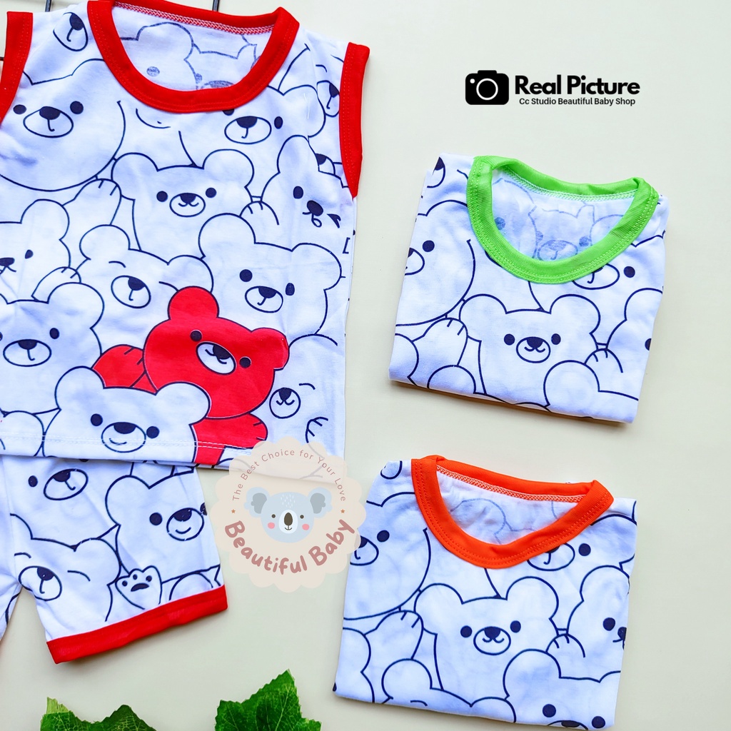 Setelan Baju Bayi Kutung 3-12 Bulan Motif Bear / Setelan Baju Bayi Singlet &amp; Celana Pendek / Kaos Oblong Bayi / Baby.ou