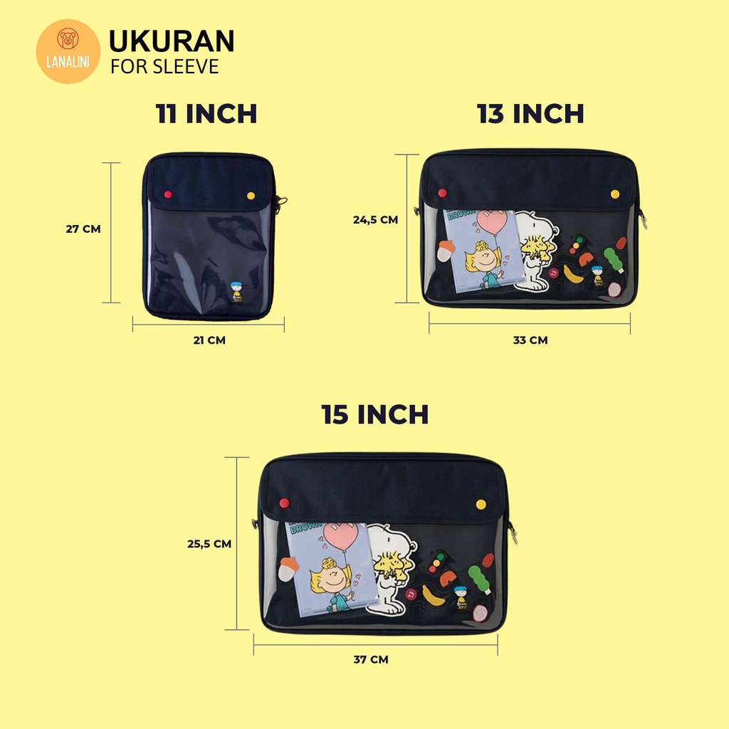 Sleeve Pouch Sarung Tas Bag Case Ipad Tab Tablet Macbook Air Pro Laptop Asus Acer Lenovo HP Huawei 11 12 13 14 15 inch Motif Kartun Snoopy Warna Navy Biru Putih White Cute Murah Korean Model Waterproof Tahan Air Slot Stationary