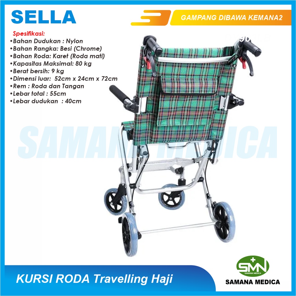 Kursi Roda Travel Sella KY903LB Haji Umroh Lipat Bisa Masuk Pesawat Aluminium Free Tas Pembungkus