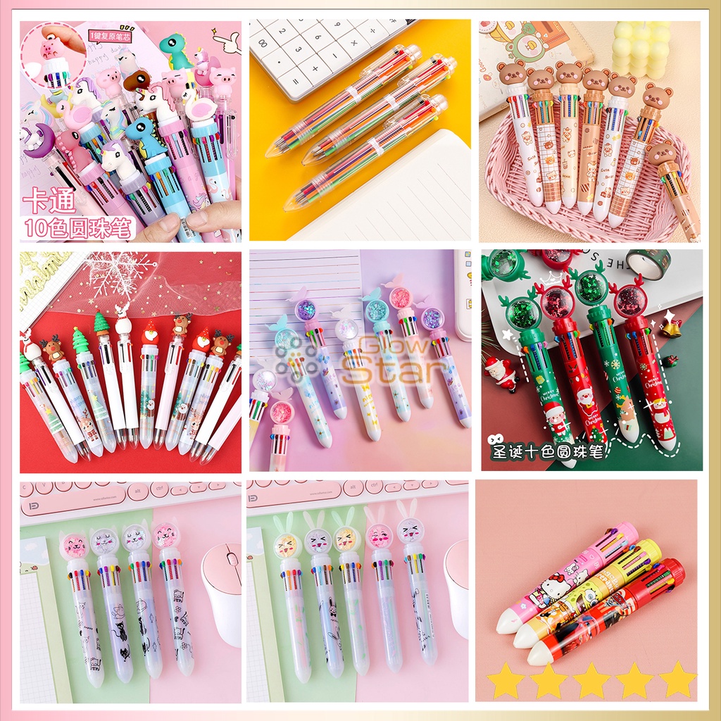 Pulpen Pena Cute Collection Ballpoint Multi color colour Warna 10 in 1 Multi Color, Bolpen warna warni, Bolpen lucu imut Pegasus Natal Dinosaurus Boneka Angsa bolpen pulpen