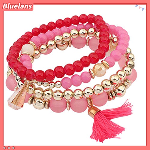 4pcs / Set Gelang Manik-Manik Resin Multilayer Aksen Rumbai Gaya Etnik Untuk Wanita