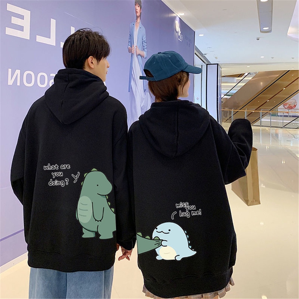 Baju Hangat Modis Musim Gugur Hoodie Dinosaurus Pasangan Atasan Kartun Korea Punk Wanita Hoodie Kawaii Longgar Antik Gadis