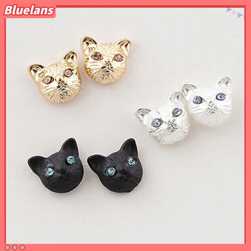 Bluelans 1 Pair Women Cute Cats Head Rhinestones Inlaid Ear Studs Earrings Club