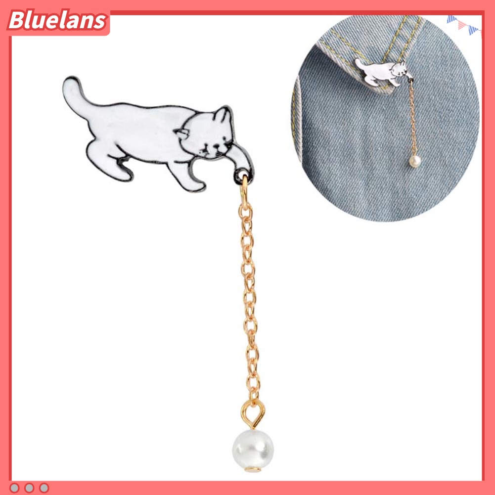 Bluelans Bros / Pin Bentuk Kucing dengan Rantai + Mutiara Imitasi untuk Aksesoris Perhiasan