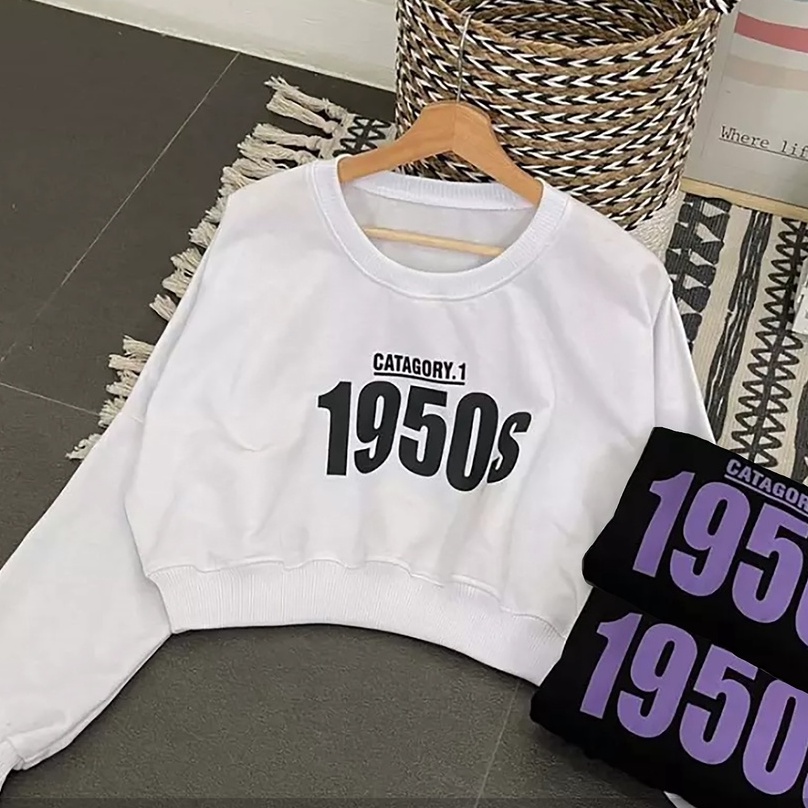 Sweater Crop Wanita | 1950s | Korean Style Cropped Sweatshirt | Baju Wanita | Bahan Fleece Tebal Dan Lembut | Allsize