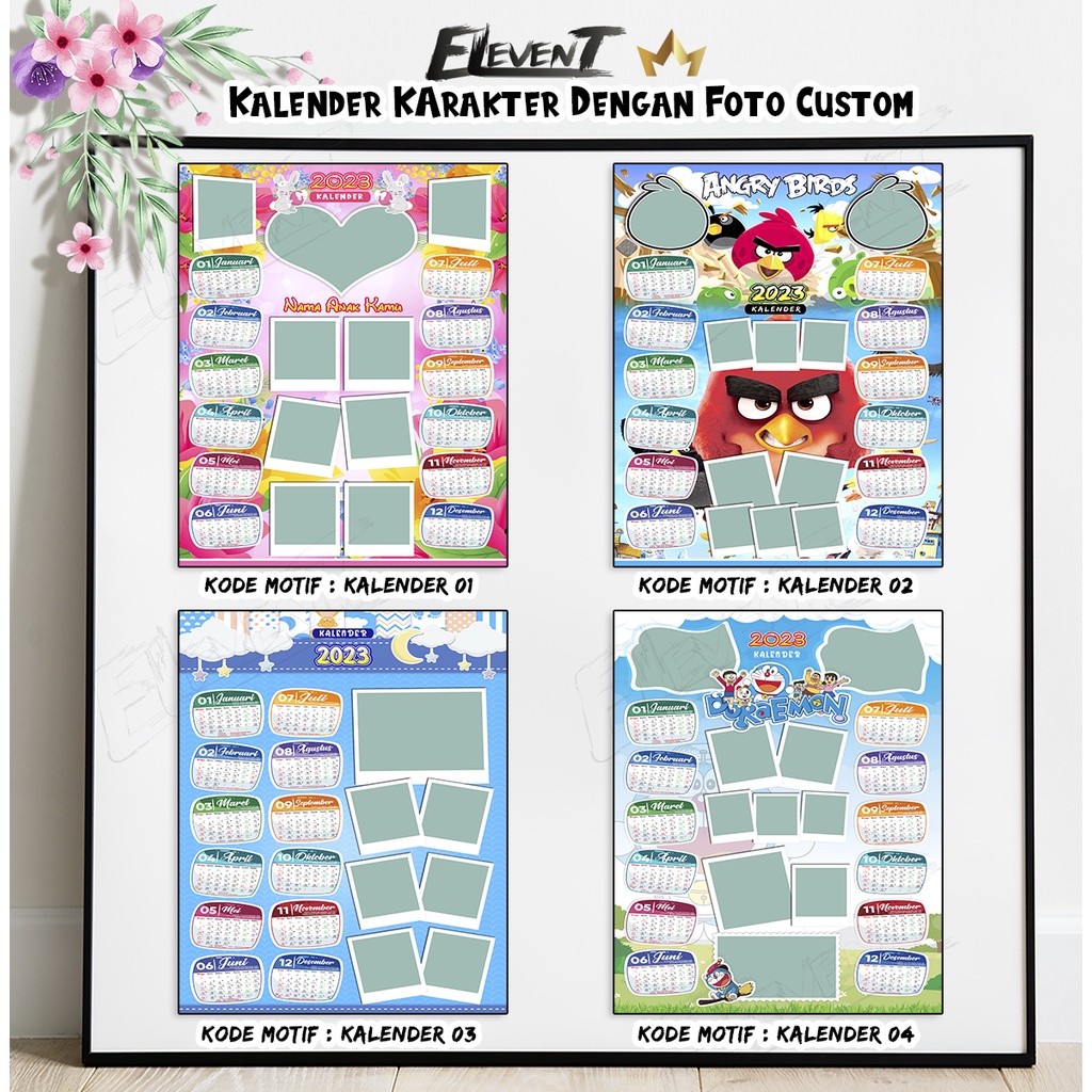 Cetak Kalender 2023 Karakter Custom Foto Tulisan Ukuran 31x47cm Pajangan Rumah Kalender Dinding Motif Animasi Kartun