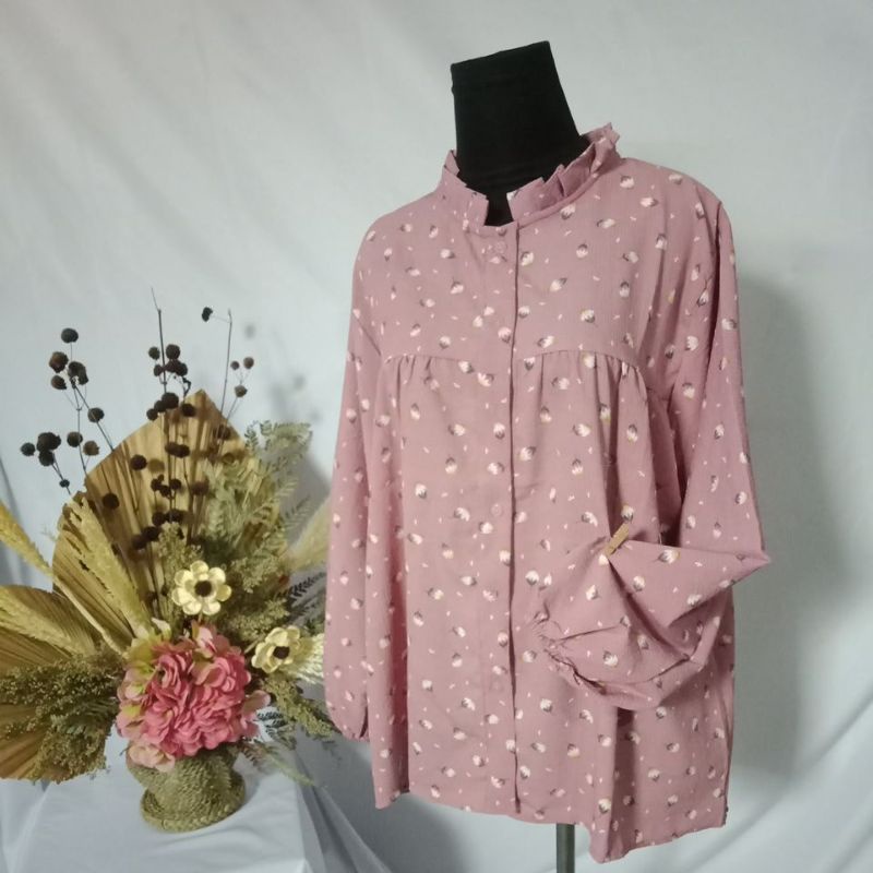 Blouse kemeja wanita korea Jumbo motif bunga crinkle murah import