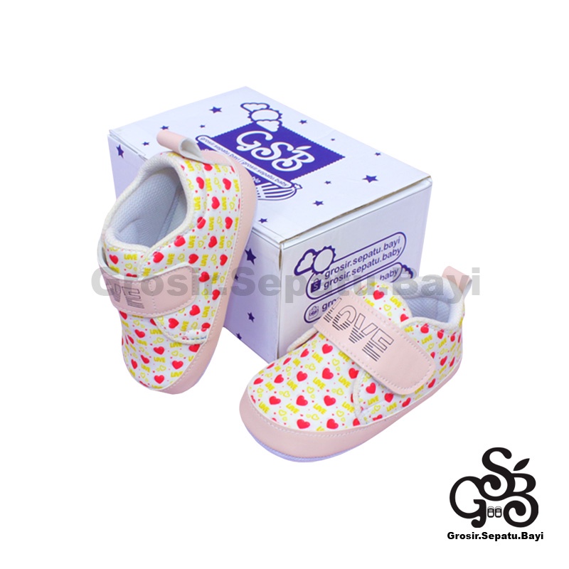 Sepatu Bayi - Baby Shoes - Prewalker  | 2-12 bulan | motif LOVE Pink ringan &amp; fleksibel