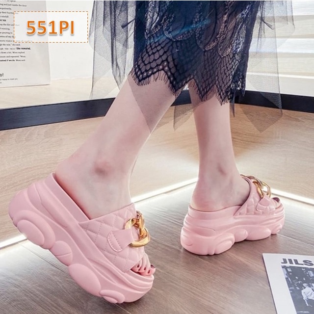 Sendal Wedges Wanita Kokop Variasi Rantai PK 012 Tinggi Sol 5 cm Hitam Hijau Pink Putih (551)