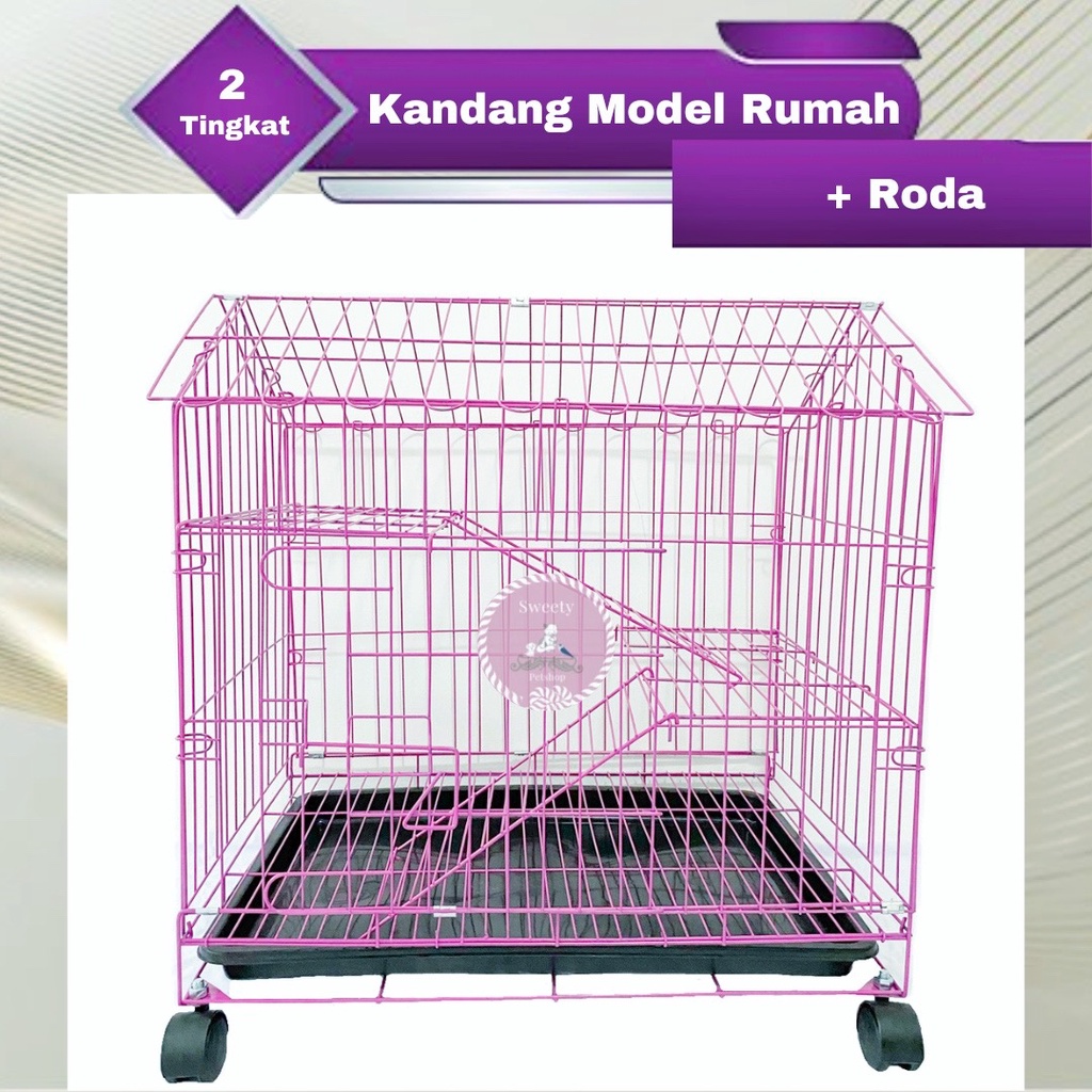 KANDANG KUCING 2 TINGKAT MODEL RUMAH 60X40X70 + RODA