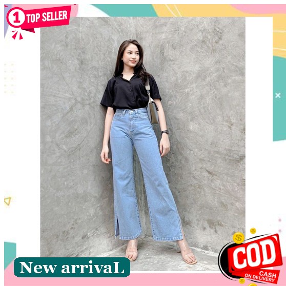 Korean Style Celana Jeans Pinggang Tinggi Gradien Merah Muda Wanita Baru Oversize Celana Lebar Longg
