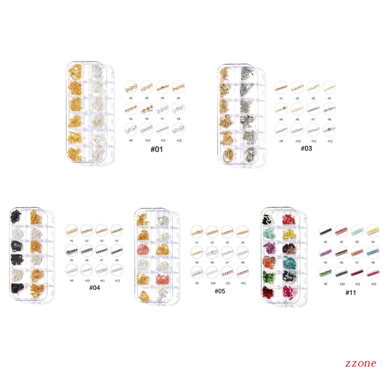 Zzz 12 Grid / Kotak Rantai Metal Akrilik 3D Gaya Punk Untuk Dekorasi Nail Art Charms DIY
