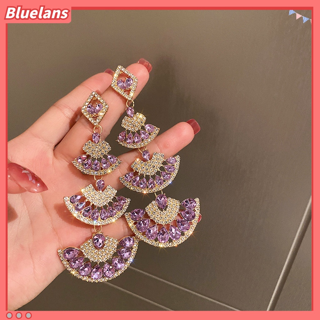 1 Pasang Anting Panjang Menjuntai Multilayer Bentuk Kipas Aksen Berlian Imitasi Untuk Wanita