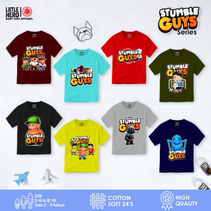 Baju Kaos Distro Anak Laki Laki Cowok Stumble Guys Little Hero Usia 2 - 8 Tahun