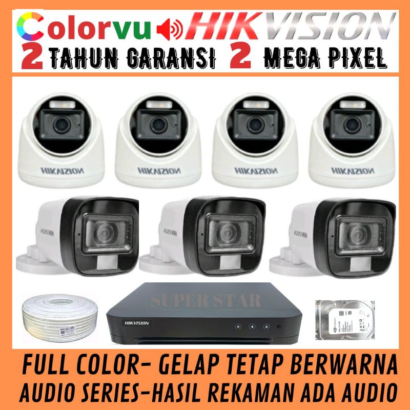 PAKET CCTV COLORVU HIKVISION 8 CHANNEL 7  KAMERA 2MP AUDIO FULL COLOR