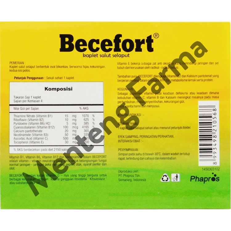 Becefort 4 Kaplet - Kombinasi Vitamin C 500 mg, B kompleks, dan E