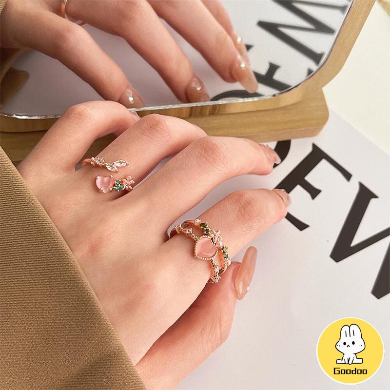 Cincin Taman Hati Opal Pembukaan Ringan Dapat Disesuaikan Cincin Wanita Manis Mewah -Doo