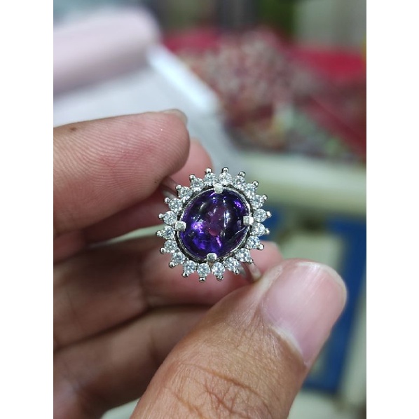 cincin perak925 batu natural kecubung/amethyst kalimantan