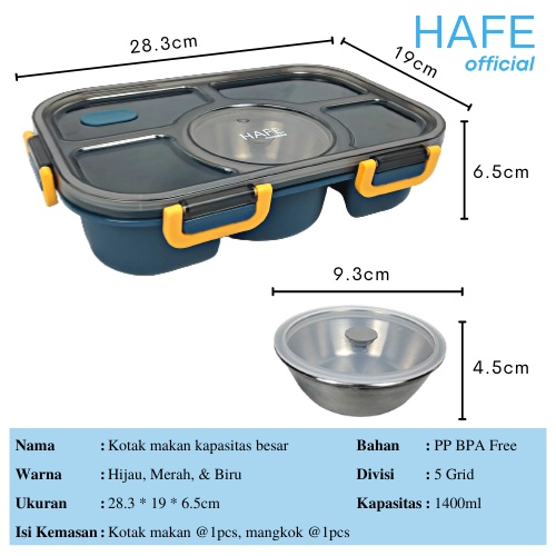 HAFE Kotak Makan set 3/4/5 Grid tas lunch box 850ml/1400ml free Sendok/tempat makan anak sekolah/lun