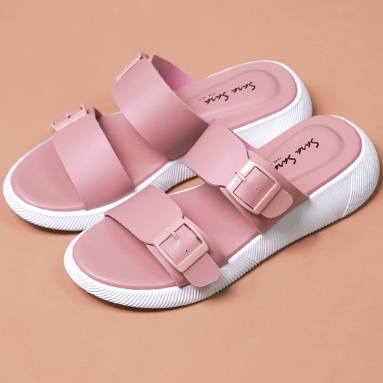 SARASARA YUK - Sandal Wanita Slop Casual Model Birken Sol Puyuh SARA SARA JEAN Sendal Selop Cewek Kulit Santai Strap Gesper Ban dua Empuk lucu Size 36 37 38 39 40 Warna Peach Pink Soft Anti Slip Original Kekinian Terbaru Shoes ORI Mall Official Store