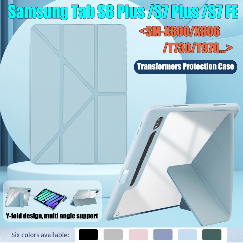 Casing Tablet Untuk Samsung Galaxy Tab S7 FE S8 Plus S8+ S7+ 12.4&quot; SM-X800 SM-X806 SM-T730 SM-T733 T736B SM-T970 T976B Akrilik Bening Y-Bracket Transformers Stand Flip Cover Pelindung