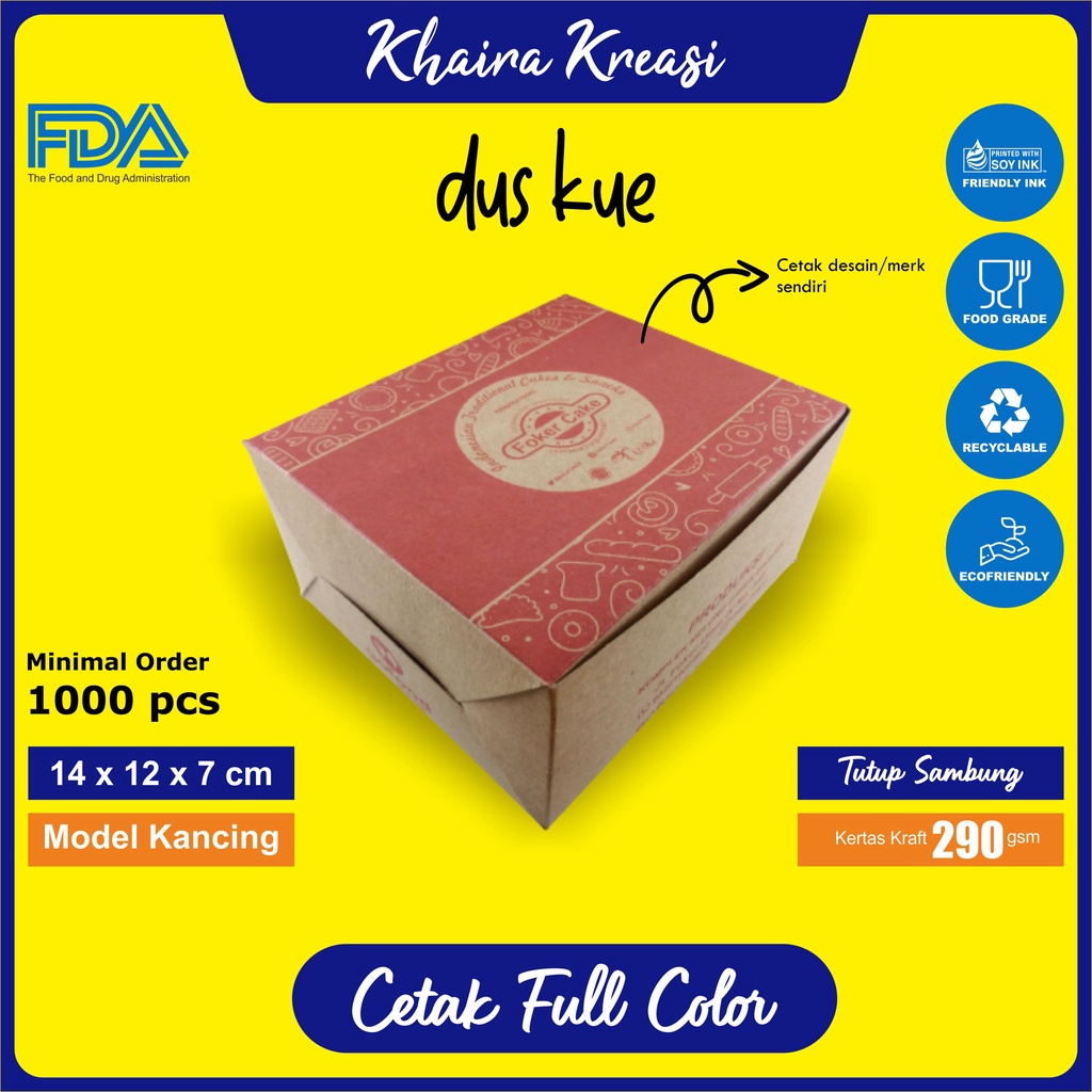 

Cetak Custom Dus Kue / Box Kue / Kotak Kue / Snack Box / Ukuran 16x12x7 cm Minimal 1000 pcs / Cetak 1 Warna