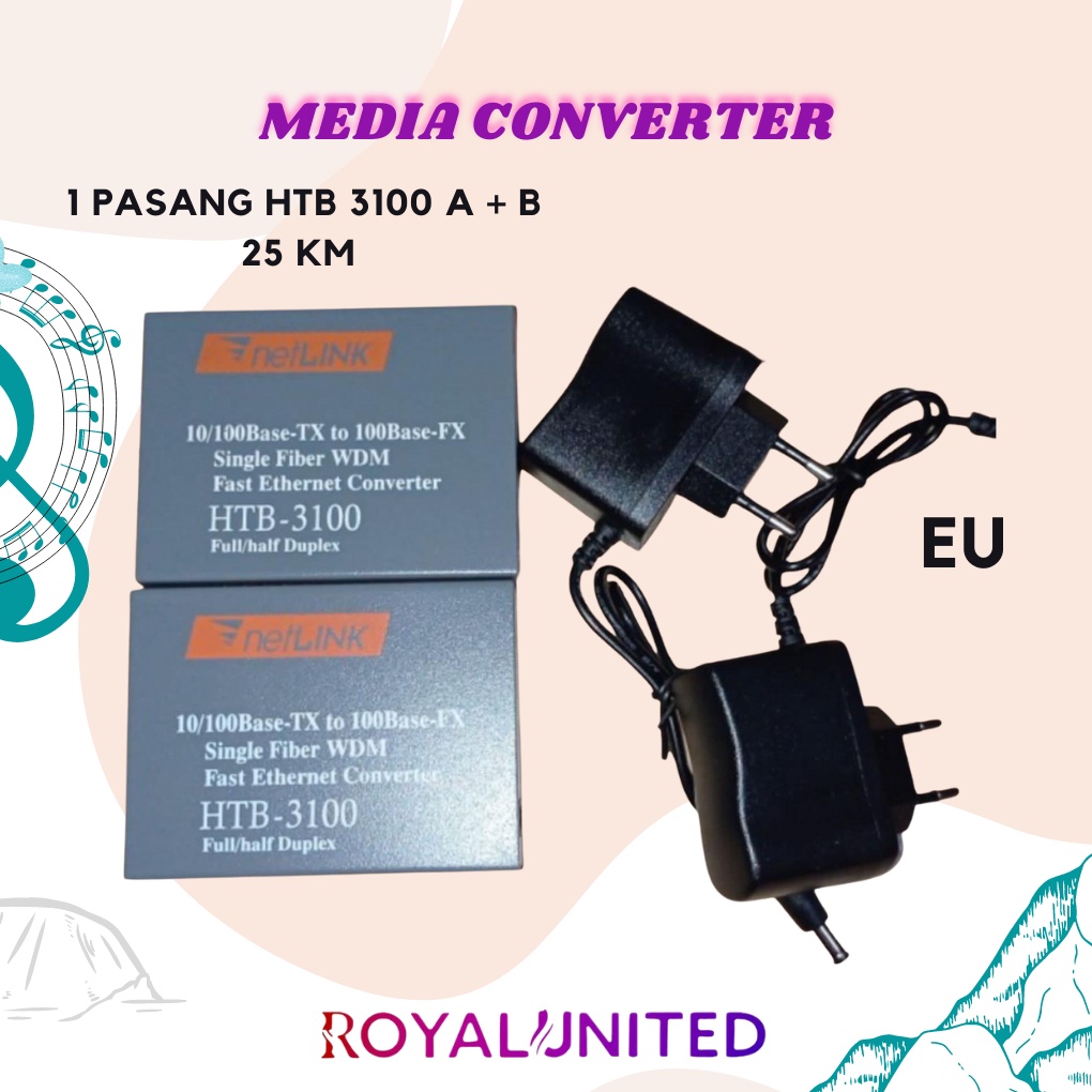HTB-3100 Media Konverter Fiber Optik Single Mode dengan 5V 2A EU adaptor PREMIUM SUPER