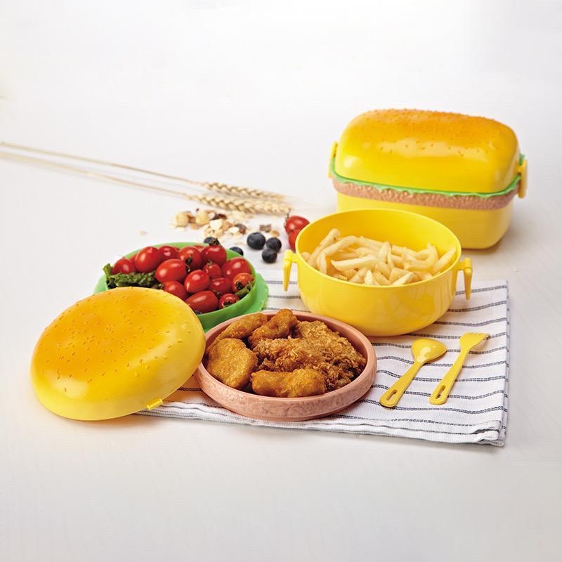 Tempat Bekal / Lunch Box Hamburger Kotak Makan Unik / Ompreng Burger Lucu Susun Wadah Makanan Kekinian