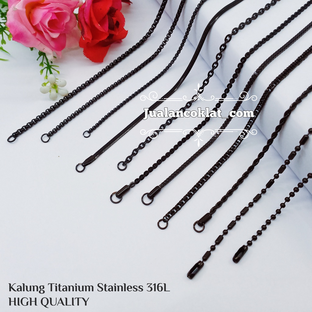 BLACK / HITAM Rantai kalung Titanium stainless 316L HIGH QUALITY chain rolo tambang nuri bijilada ba