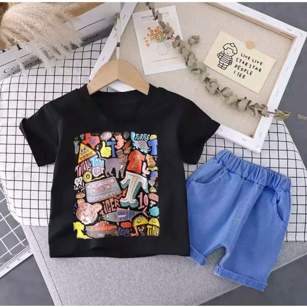 SETELAN BAJU KAOS CELANA JEANS BAYI ANAK MOTIF MURAL GRAFFITI TOMCAT DENIM USIA 6 BULAN-5 TAHUN BEST QUALITY TERBARU TERMURAH/ SETELAN BAJU KAOS CELANA JEANS BAYI ANAK LAKI-LAKI/ SETELAN BAJU KAOS CELANA JEANS BAYI ANAK PEREMPUAN/ BAJU ANAK CEWEK DAN COWO