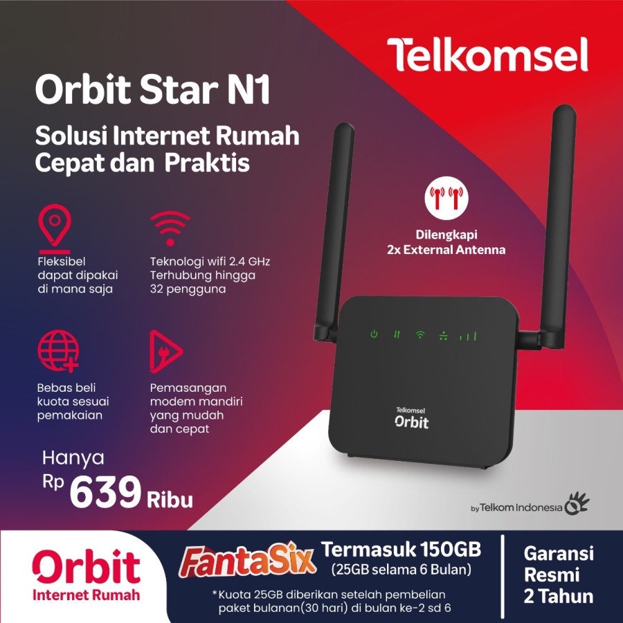 Telkomsel Orbit Star N1 Modem WiFi 4G High Speed Free 150GB + Antena