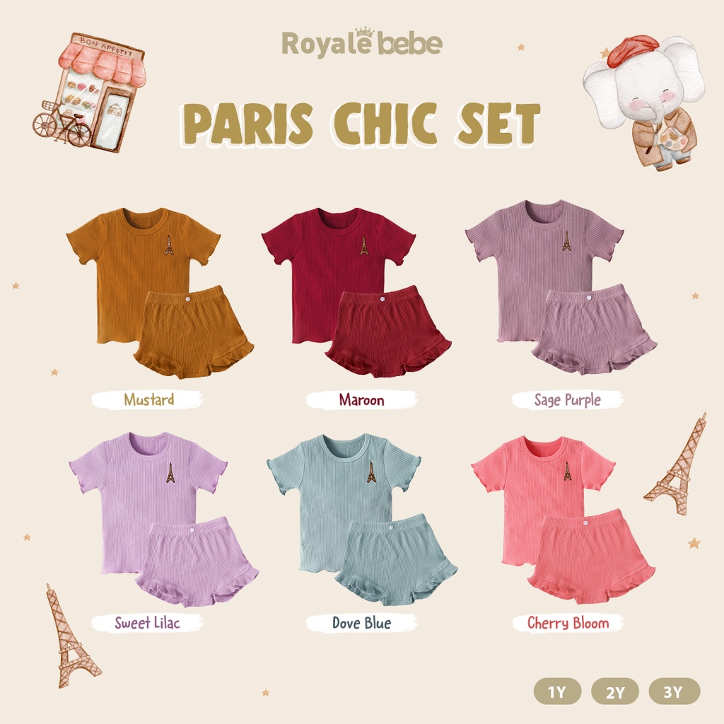 ROYALE BEBE PARIS CHIC SET SETELAN BAJU PENDEK CELANA PENDEK BAJU ANAK FASHION ANAK PEREMPUAN 1 - 3 TAHUN