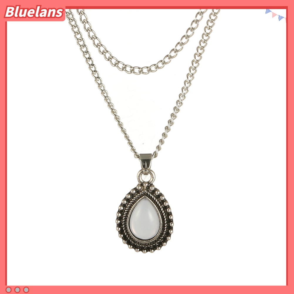 Kalung Choker Liontin Opal Bentuk Tetesan Air Lapisan Ganda Gaya Vintage Untuk Perhiasan Wanita